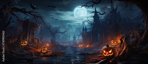 Halloween Night with Pumpkins and Haunted Castle