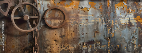 A weathered door or wall, with rusty chain and other details, evoking a sense of abandonment and neglect. Copy space.