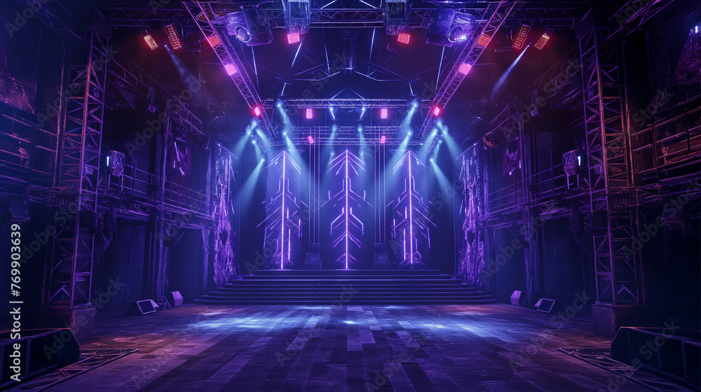 a stage with purple lights and a stage. ai generated image.