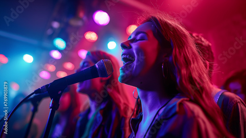 Woman singing in a karaoke with party atmosphere