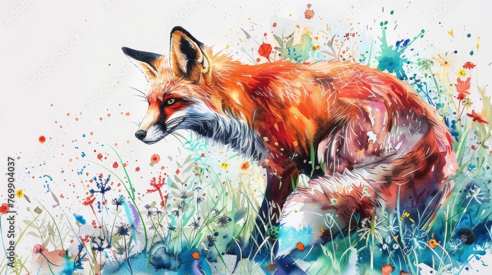A fox is sitting in a field of flowers. The painting is colorful and ...