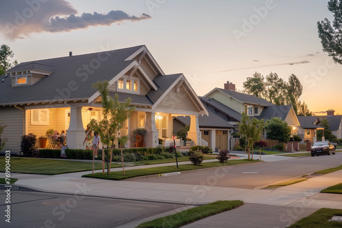 The tranquil colors of early evening painting a classic scene with a soft beige Craftsman style house, the suburban street quiet as families settle for dinner, calm and comforting