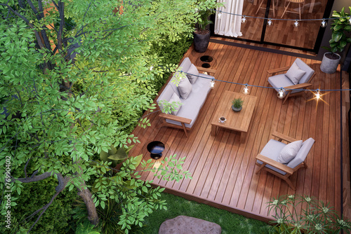 Aerial view of modern contemporary style small wooden terrace in lush garden with 3d render, decorated with white outdoor furniture and string light photo