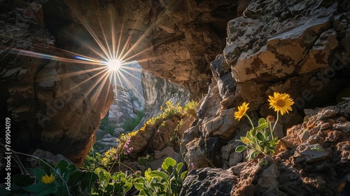 Glowing Crevice: Sunburst pierces through rock, kindling life in the mountain's embrace. © Alex