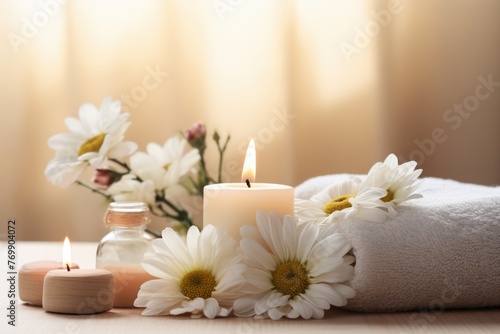 Spa concept with a soft towel, candles and flowers