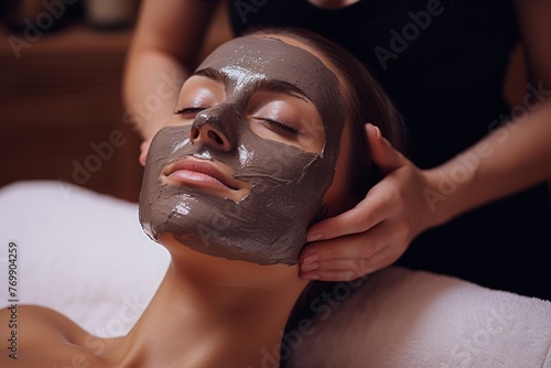 Woman with grey facial clay mask at spa