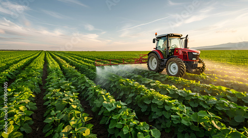 Tractor spraying pesticides at soy bean field  Tractor spraying soybean field at spring  Tractor Spraying Pesticides  Generative Ai