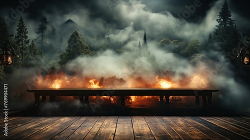Wooden table with burning candles and smoke on dark background. Halloween concept photo