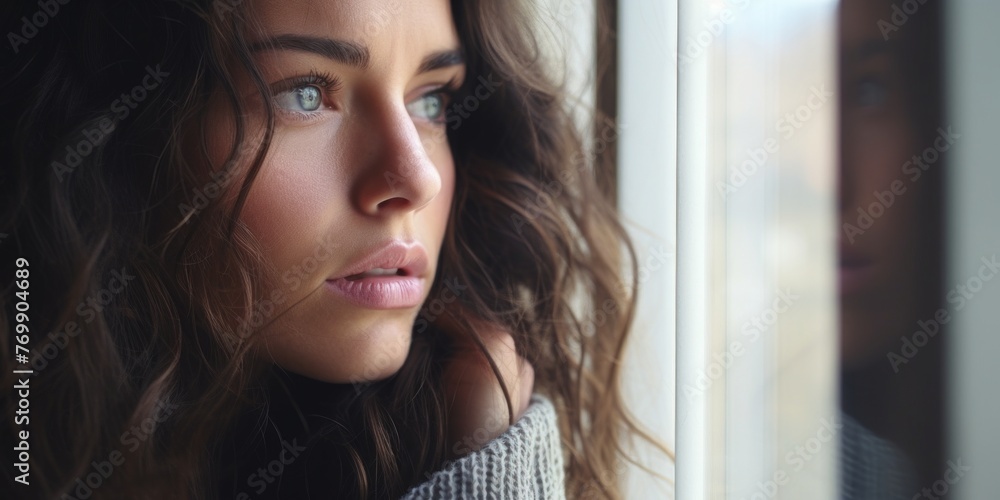 Sad lonely young woman sitting by the window in rainy weather. Generative AI. Sad lonely young woman sitting by the window in rainy weather. Generative AI.