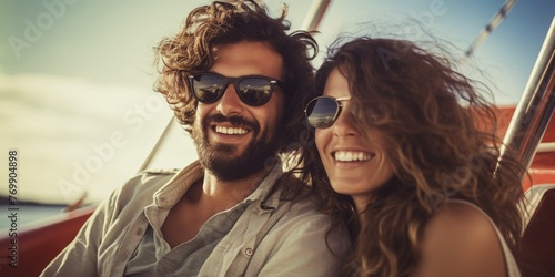 Happy couple relaxing on a yacht. Young and beautiful people on a sailing boat. Generative AI.