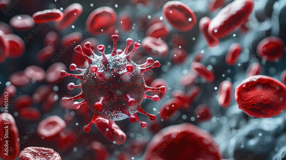 Microscopic view of a virus among red blood cells, illustrating the ...