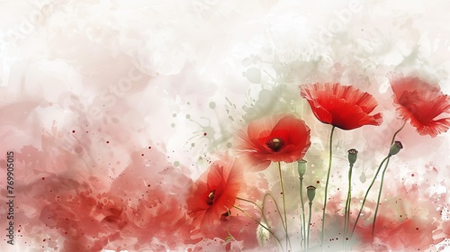 Abstract red poppy flowers on splashed watercolor background, digital watercolor painting