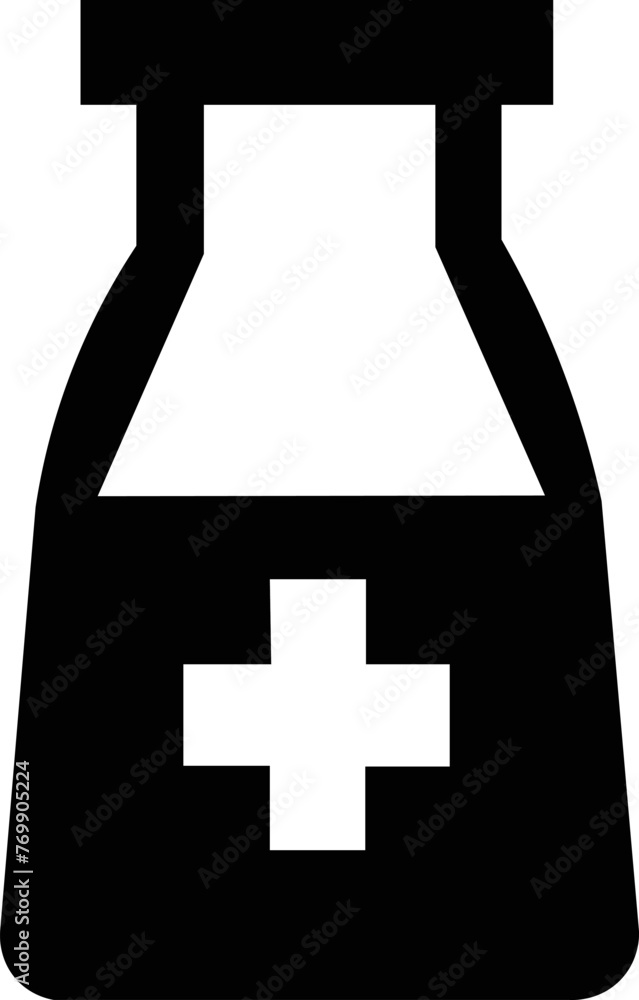 Obraz premium Bottle of medicine or vaccine. Minimalist black and white illustration of container with medicine.