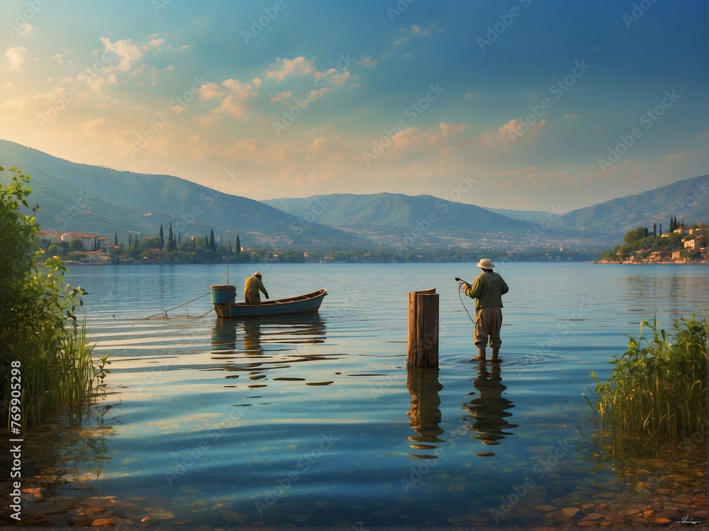Tranquil Evening by the Lake Couple Enjoying Fishing with Stunning Mountain Views and Colorful Sunset Reflection