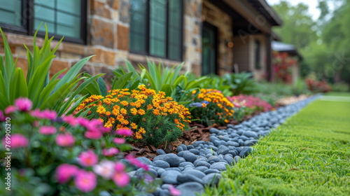 Blooming Garden With Flowers and Rocks in Front of a House