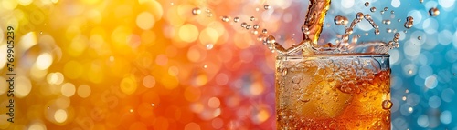 Detailed shot of a fizzy drink being poured focusing on the bubbles and splash against a vibrant backdrop photo