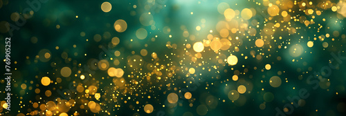 Happy St Patrick's Day Background. Golden Bokeh Lights on Emerald Background. Abstract Gold and Green Glitter Background