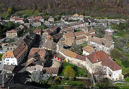 View from above to the abbacy and old village Romainmotier, Switzerland	