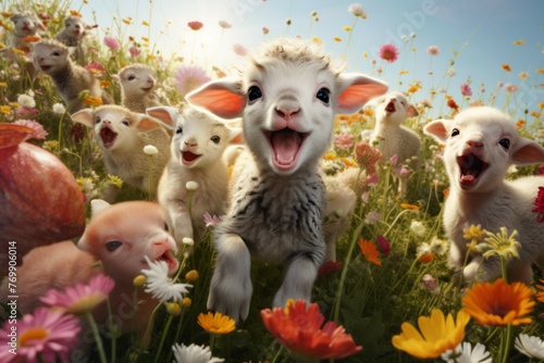 Baby animals playing in a spring meadow