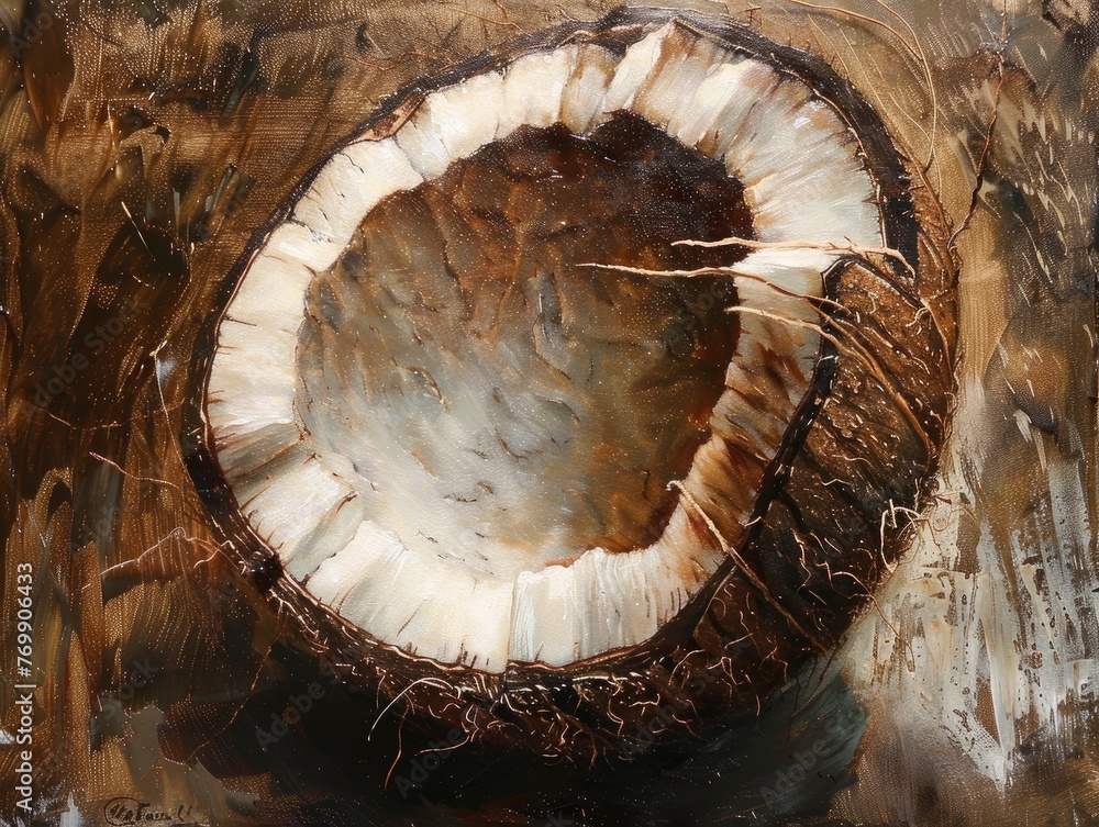 Fibrous texture of a coconut shell contrasted with the smooth white meat inside Fibrous texture of a coconut shell contrasted with the smooth white meat inside