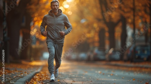 A man is running down a street in the fall