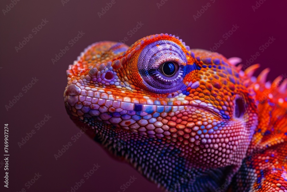 Obraz premium Close-up of a vibrant, colorful iguana against a dark background, showcasing detailed scales and a focused eye