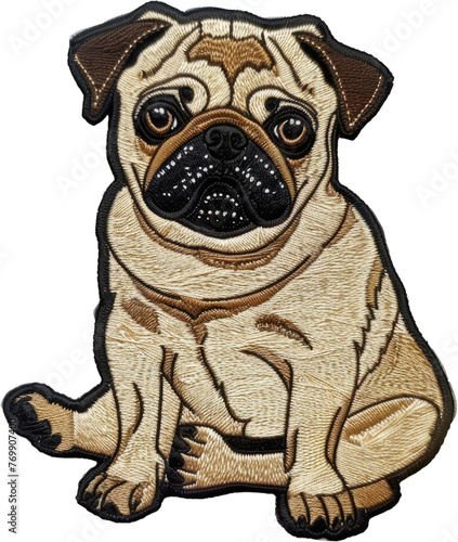 Adorable pug puppy embroidered patch cut out on transparent background