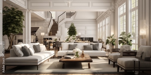 A tastefully designed Colonial-style home boasting a modern living room interior, with high ceilings, large windows, and sophisticated furnishings, all depicted with realism in a captivating 3D.