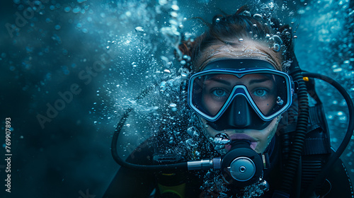 Diver, scuba diving close up, wearing snorkel and mask having fun on beach summer holidays, professional scuba diver driving, Generative Ai