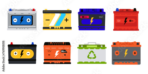 Vector illustrations of different car batteries. Set of colored car batteries isolated on white background. Electric cars. Car spare parts icons. 