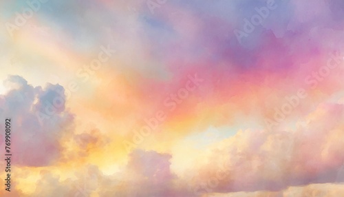colorful watercolor background of abstract sunset sky with puffy clouds in bright rainbow colors of pink blue yellow orange red and purple