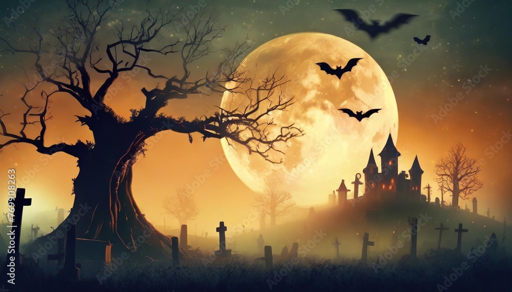 graveyard cemetery to castle in spooky scary dark night full moon and bats on dead tree holiday event halloween banner background concept
