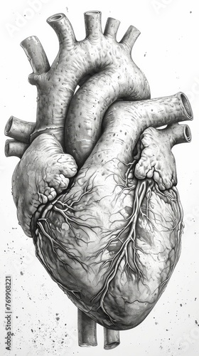 Artistic Monochrome Sketch of Human Heart with Vascular Details