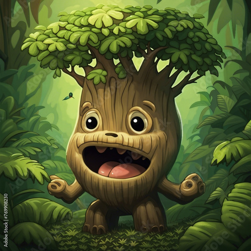 cute tree character in the jungle illustration background © Rani