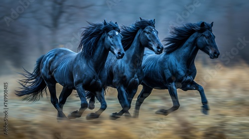 Majestic Black Stallions Running Free © Raad
