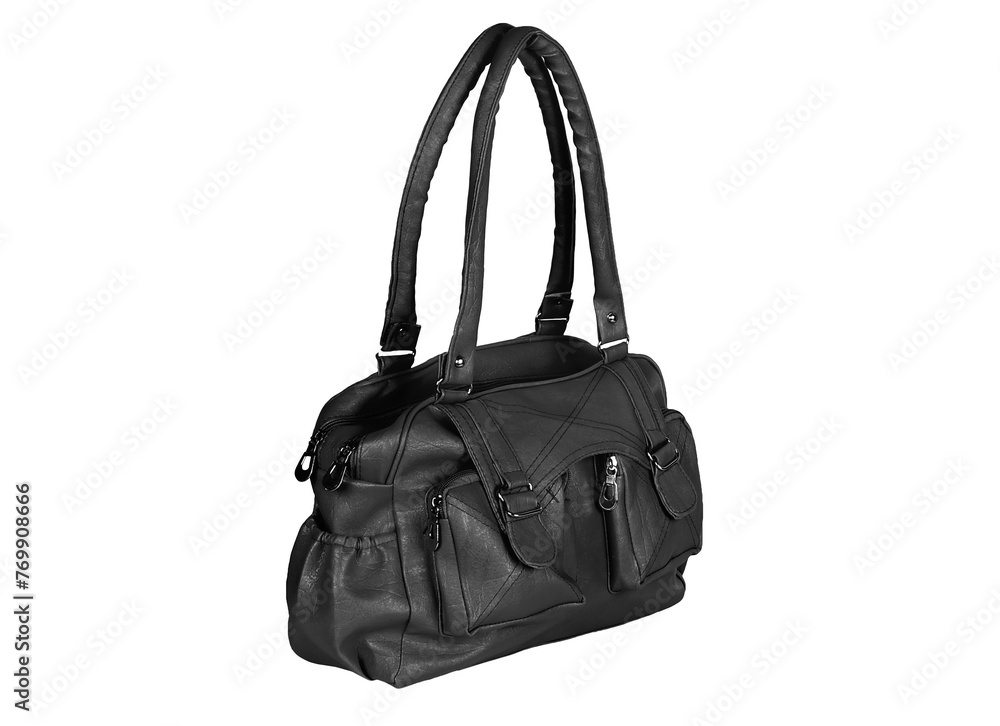 Fototapeta premium Chic and trendy ladies handbag, elegantly showcased against a pristine white backdrop for maximum allure.