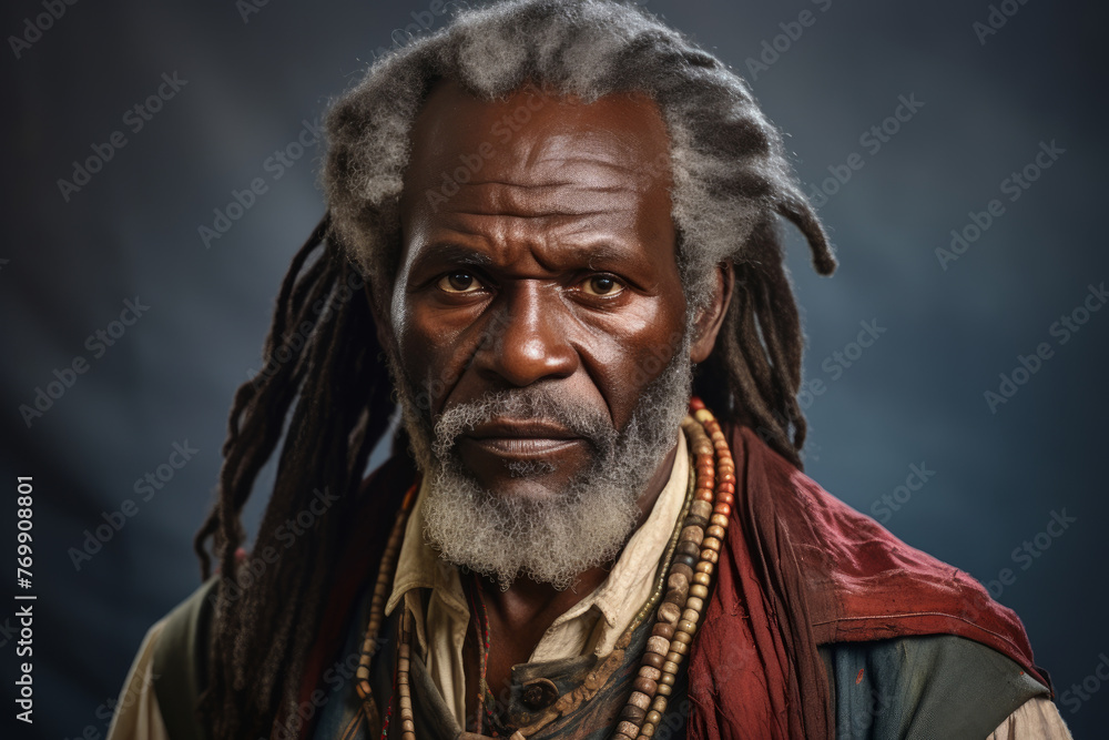 Portrait of an elderly man with dreadlocks in an ethnic costume Portrait of an elderly man with dreadlocks in an ethnic costume