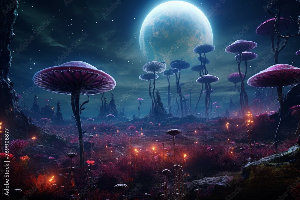 Alien planetary system with bioluminescent flora and fauna. Alien planetary system with bioluminescent flora and fauna.