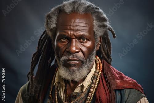 Portrait of an elderly man with dreadlocks in an ethnic costume