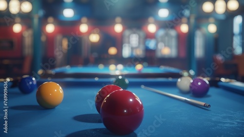 An immersive close-up of snooker balls and cues on the table photo