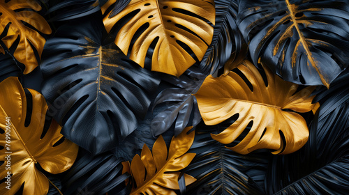 Gold and black tropical leaves background