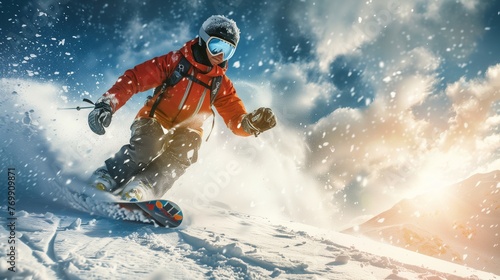 Snowboarder carving down snowy mountains. Mountain getaway backdrop. Concept of winter sports activity