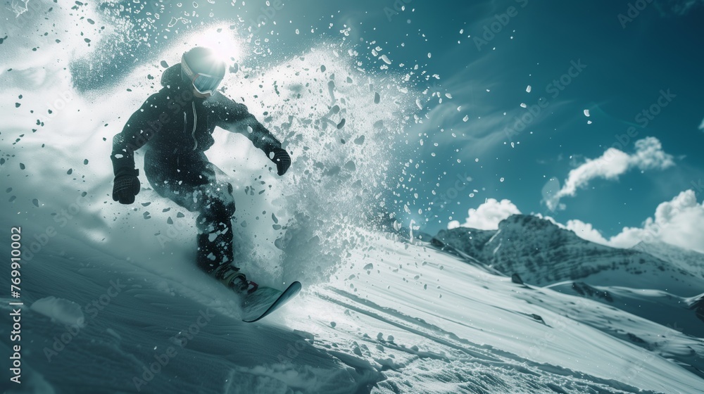 Snowboarder carving down snowy mountains. Mountain getaway backdrop. Concept of winter sports activity