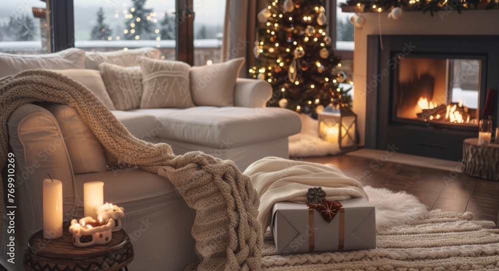 Cozy winter living room with a white sofa, a warm blanket draped over an armchair, and soft lighting from candles in front of a fireplace Cozy winter living room with a white sofa, a warm blanket draped over an armchair, and soft lighting from candles in front of a fireplace