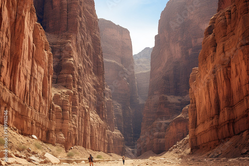 woman man with towering canyon walls stand as eternal sentinels, silently testifying to unfathomable passage of time
