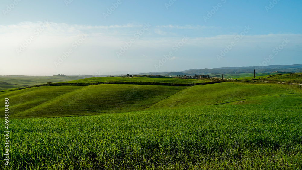 Panorama collinare della Val d'Orcia lungo il percorso ciclistico dell'Eroica. Provincia di Siena. Toscana , Italia
