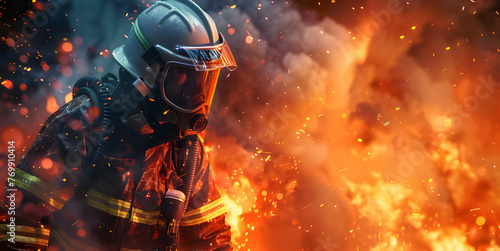 A brave firefighter surrounded by high flames and smoke, intense fire situation