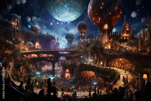 Vibrant moon colony during a festive celebration with live performances and diverse crowd