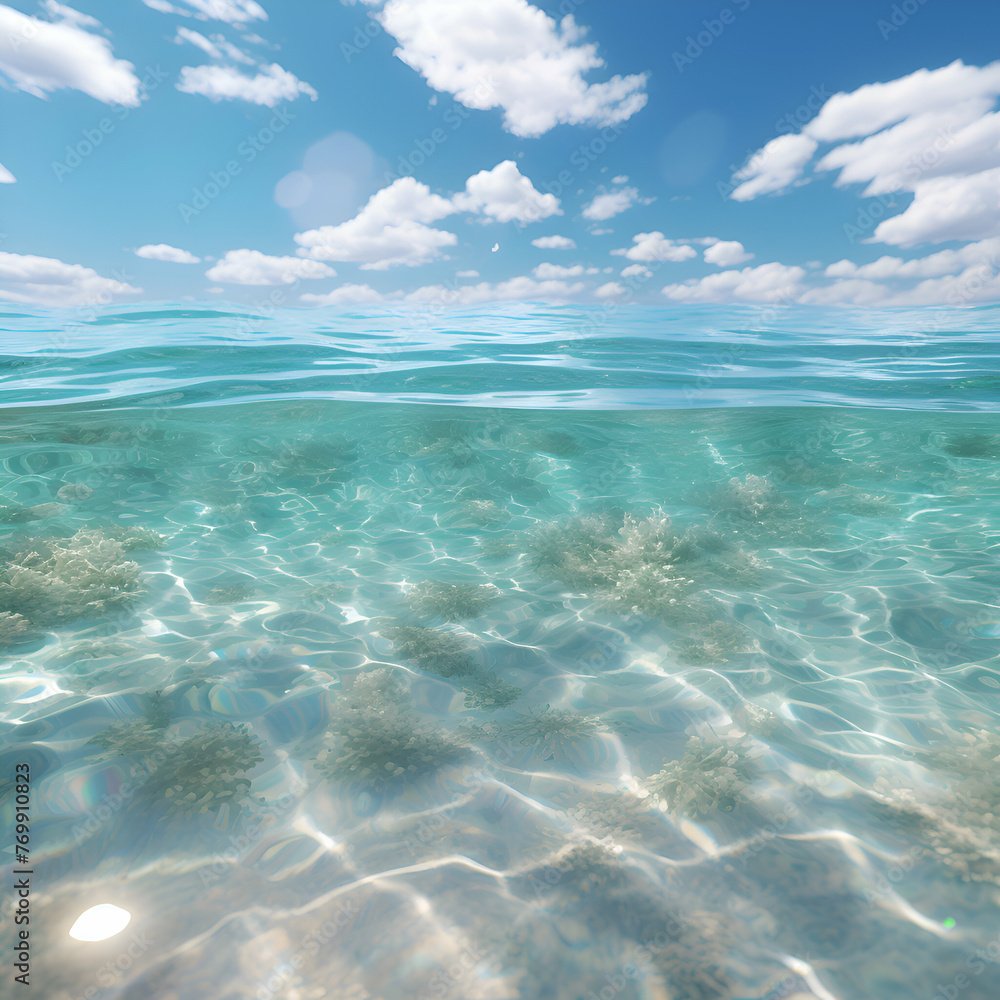 Blue sea and sky with clouds reflected in water. 3d render