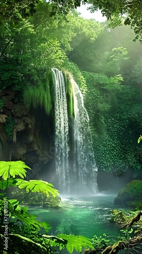 Majestic waterfall in a rainforest, vibrant greens, misty air, eye level, ultra HD
